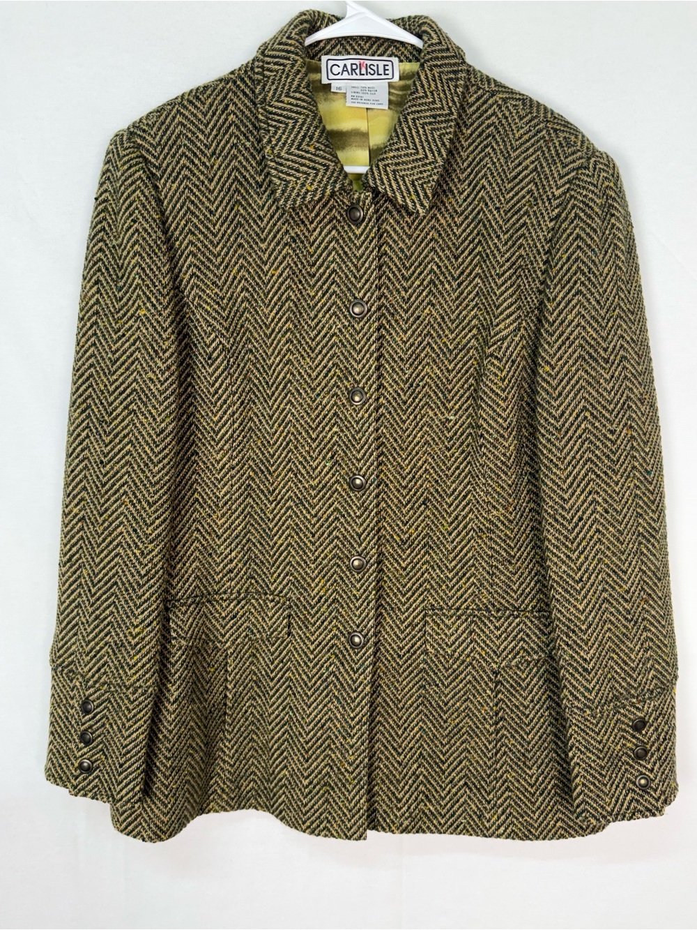 Vintage Carlisle Wool Silk Olive Herringbone Button-Front Jacket